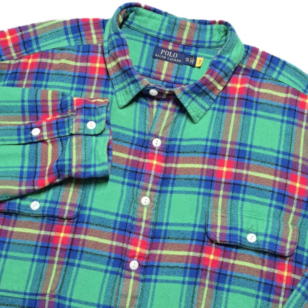 Polo Ralph Lauren Flannel Shirt Mens 4XB Big Plaid Button Down Chin Strap Collar